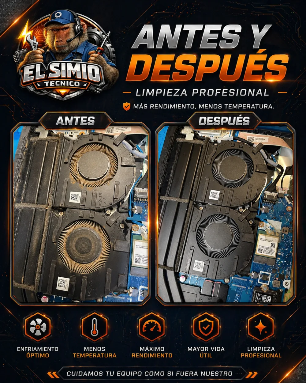 Antes y después de limpieza profesional de notebook