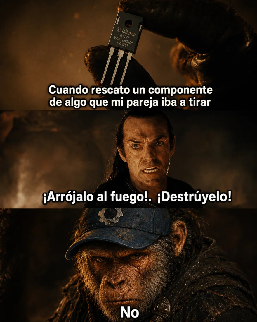 Meme técnico de El Simio Técnico sobre rescatar componentes